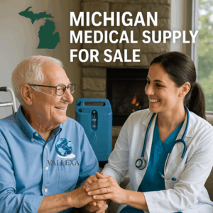 Smiling nurse holding hands with elderly man using oxygen support, symbolizing Michigan medical supply business for sale