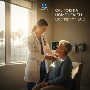Smiling nurse with patient in a sunny California setting, palm trees in background, text overlay reading California Home Health License for Sale