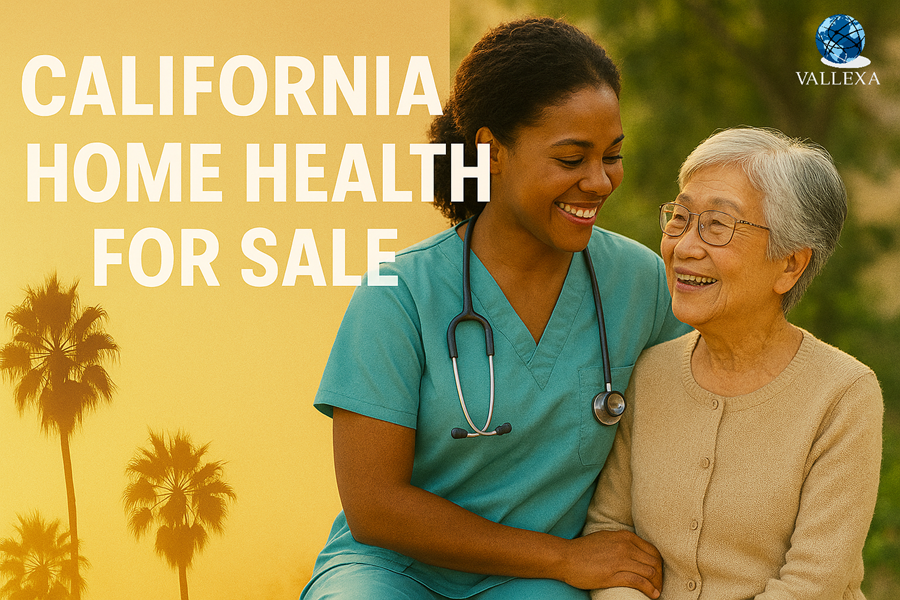 African American nurse in teal scrubs warmly supporting an elderly Asian woman outdoors, with palm trees and bold text reading "California Home Health for Sale" — ad image for Medicare/MediCal certified home health agency listed at $199K.