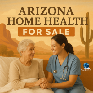 Smiling nurse holding hands with an elderly woman in a warm Arizona setting, promoting a Phoenix-based home health agency for sale with clean survey and ACHC accreditation.