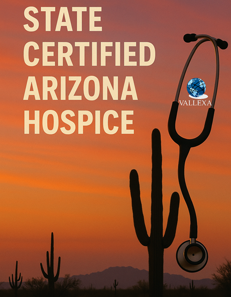 Desert sunset with saguaro cactus and stethoscope graphic promoting a state certified Arizona hospice for sale in Maricopa County.