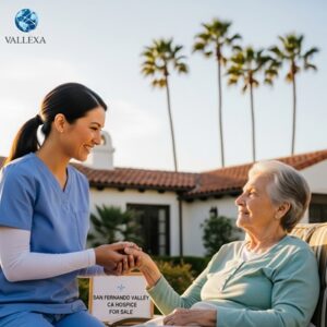 Smiling nurse with elderly patient outdoors in San Fernando Valley, California, palm trees and warm sunlight in background – hospice agency for sale