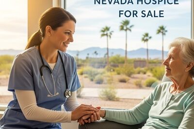 Compassionate hospice nurse caring for an elderly patient in Henderson, Nevada, with desert mountains and palm trees in the background.
