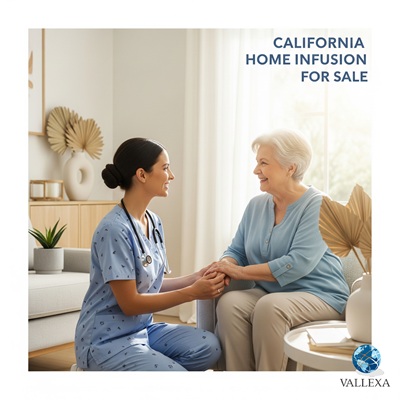 Smiling nurse caring for an elderly patient in a modern California home, representing a fully staffed home infusion business for sale