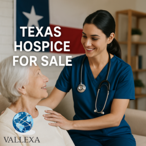Nurse smiling warmly at elderly patient in a Texas hospice setting, with Texas flag in background and text overlay reading “Texas Hospice for Sale”