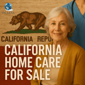 Smiling senior with nurse over California flag background for Alameda County home care agency listing