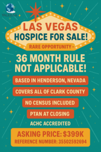 Infographic style image promoting a hospice for sale in Las Vegas, Nevada with healthcare and Vegas vibes