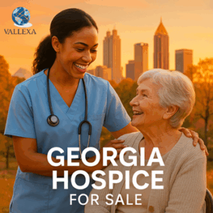 Nurse smiling with elderly patient at sunset with Atlanta skyline, promoting Georgia hospice for sale with financing.