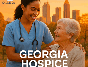 Nurse smiling with elderly patient at sunset with Atlanta skyline, promoting Georgia hospice for sale with financing.