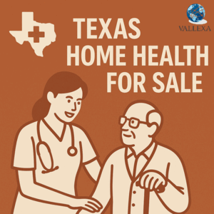 Smiling nurse assisting elderly patient with Texas healthcare vibes. Vallexa Advisors listing for a home health agency for sale.