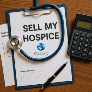 Hospice sale valuation papers with stethoscope and calculator on a desk – symbolizing selling a hospice with financial clarity