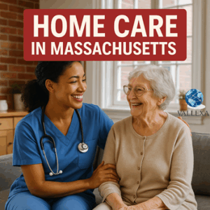 Smiling nurse assisting elderly patient in Massachusetts home — Vallexa Advisors home healthcare listing for sale.